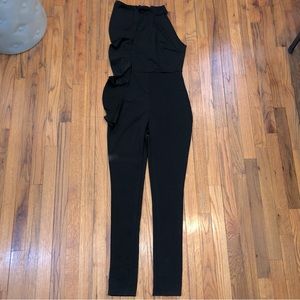 One Sided shoulder Ruffle Halter Skinny Black Jumpsuit